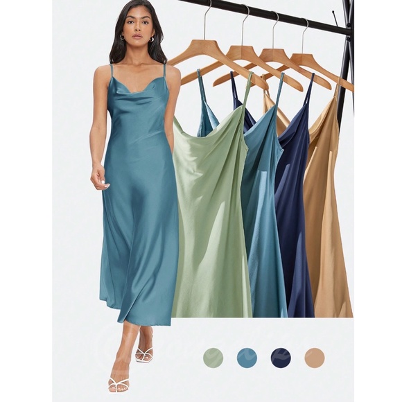 Blue Satin Cami Dress Midi  Adjustable Spaghetti Straps - Picture 5 of 8